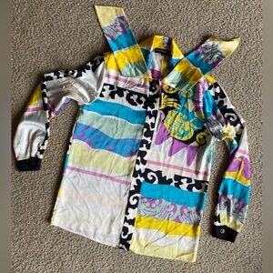 Louis Feraud Long Sleeve Button Up Geometric Multi-color Blouse with Tie 1990s